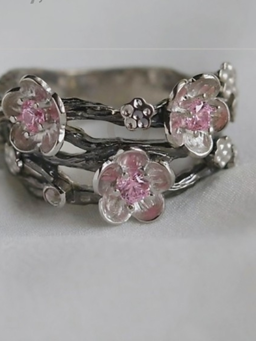Silver Floral Pink Crystal Ring - Women Jewelry